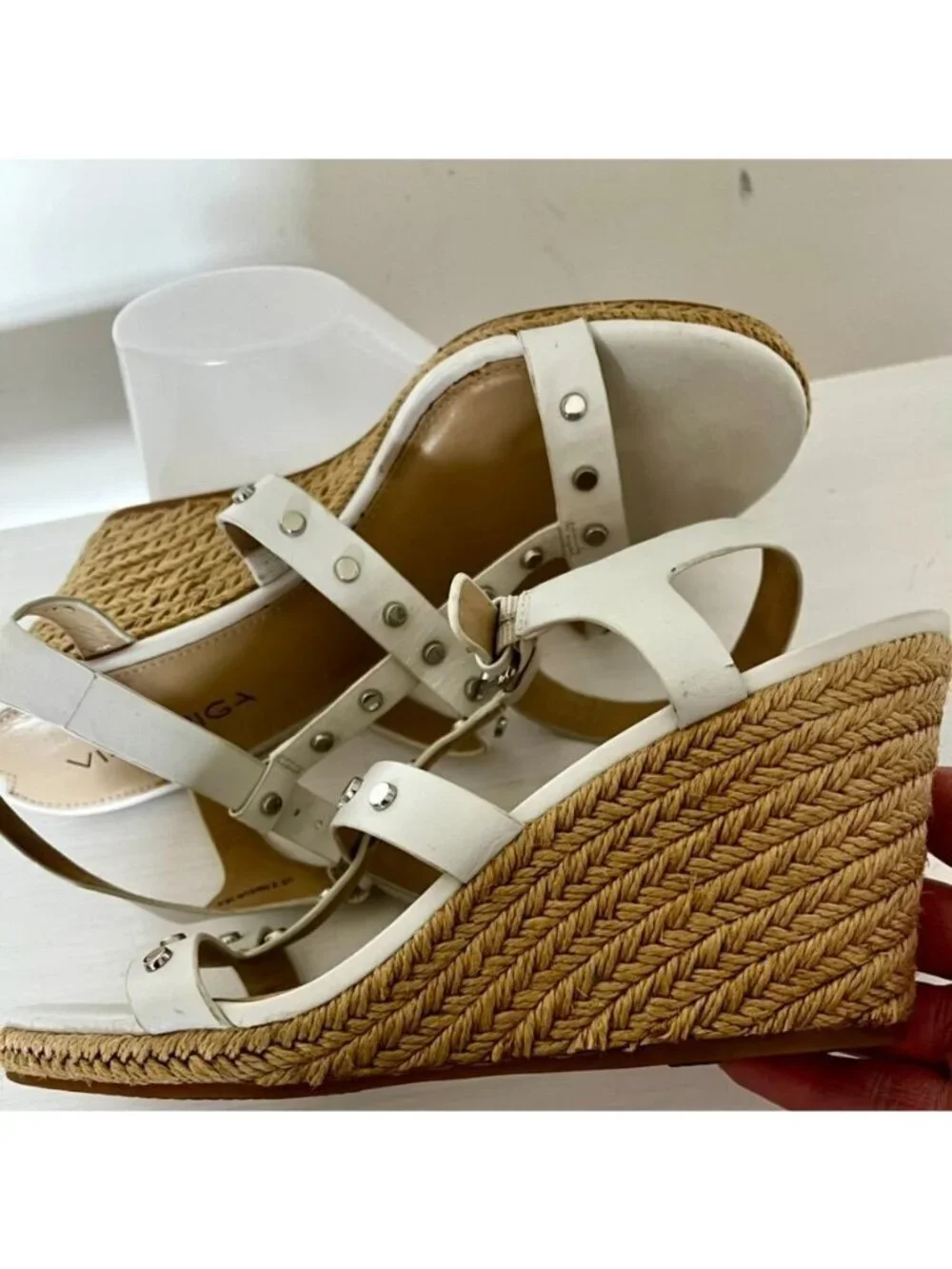 Via Spiga Womens 8.5 White Studded Espadrille Wedge Sandals Vacation Resort